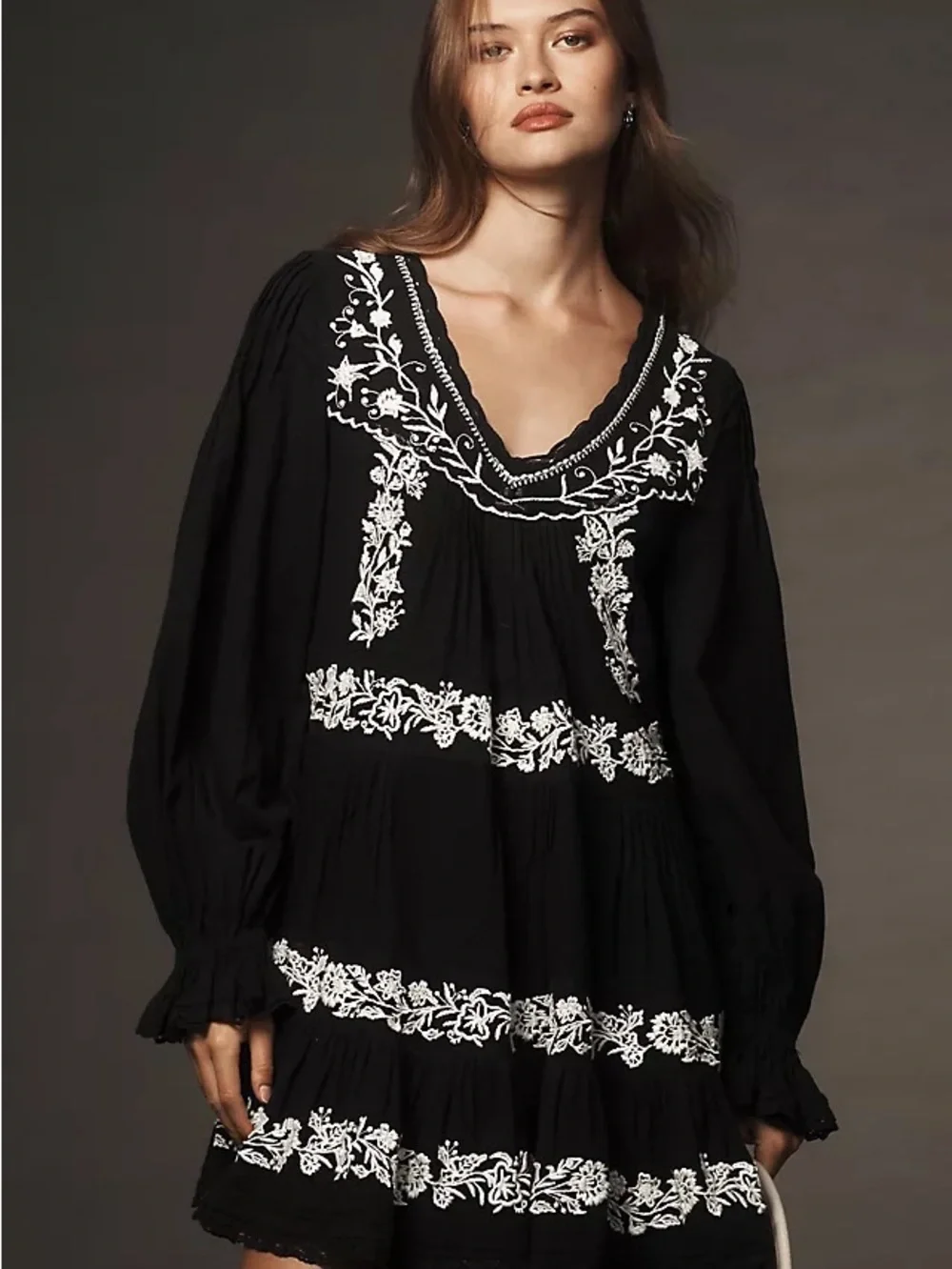 Anthropologie ‘Long-Sleeve Embroidered Pintuck Swing Mini Dress’ in Black Sz 1X
